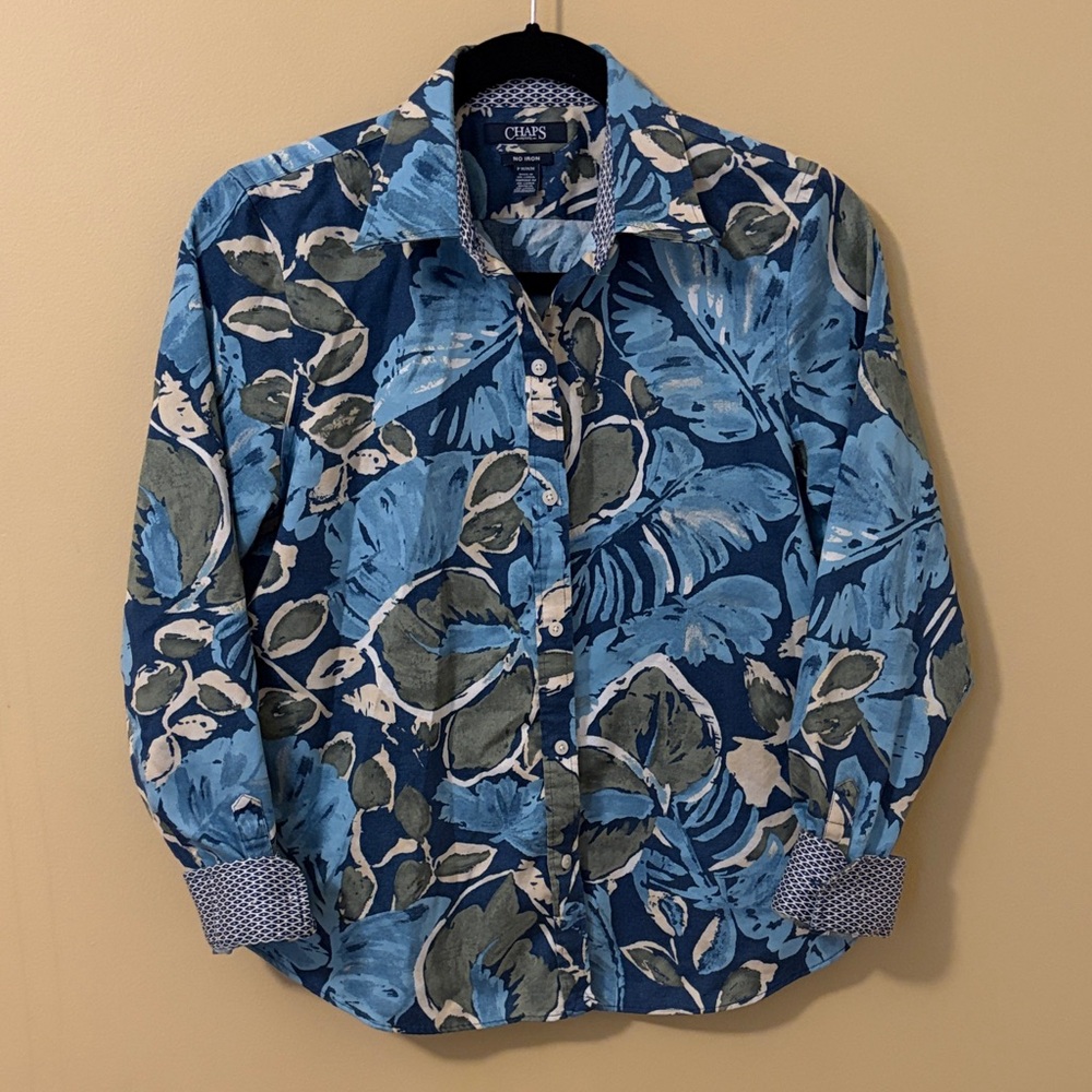 Chaps Blue & Olive Button-Down Shirt with Contrasting Cuffs Size M Petite